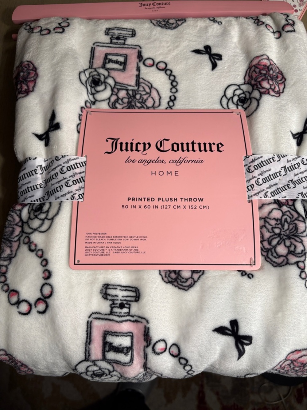 Juicy Couture White Plush Throw with Pink Perfume Bottle & Floral Print